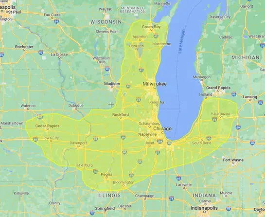 map of the midwest (Minnesota, Wisconsin, Iowa, Kansas, Illinois, Indiana, Ohio and Michigan)
